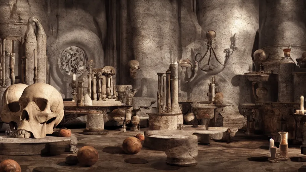 Prompt: a complex ancient alchemists interior, 4 k, stone table, giant clay skull, giant clay statue, giant athanor, alembic, beakers full of liquid, knobs, glass orbs, candle lighting, octane render, natural color scheme, architectural photography, f 3 2, still from movie by david lynch,