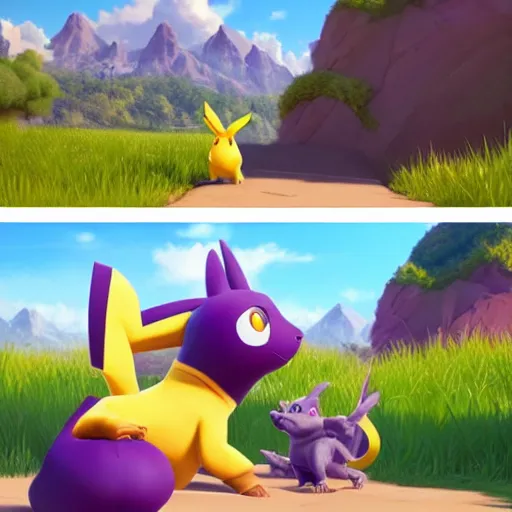 Image similar to Pikachu and Spyro playing together, unreal engine 5, hyperrealistic, gorgeous, award winning by Greg Rutkowski, Sung Choi, Mitchell Mohrhauser