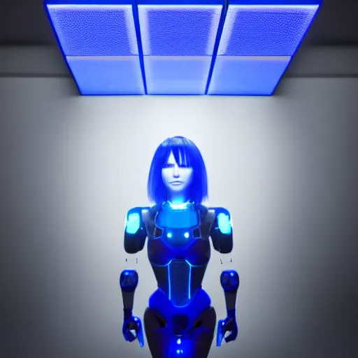 Image similar to cortana blue artificial intelligence hologram, highly detailed, photorealistic portrait, bright studio setting, studio lighting, crisp quality and light reflections, unreal engine 5 quality render