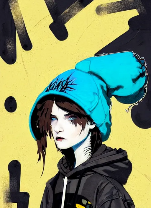 Prompt: highly detailed portrait of a sewer punk lady student, blue eyes, tartan hoody, hat, white hair by atey ghailan, by greg tocchini, by kaethe butcher, by alex horley, gradient yellow, black, brown and cyan color scheme, grunge aesthetic!!! ( ( graffiti tag wall ) )