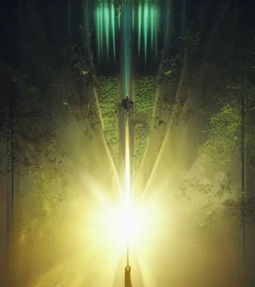 Image similar to symmetric drop daydreaming of the god of sun glare, fluid dance of the virtual space, big cotton sheets in the center of the air, cyberpunk forest, majestic light, octane render, beauty fog, ethereal glare of the sun, raining rainbow, volumetric lighting, hyperealistic, epic, masterpiece