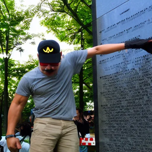 Image similar to mario dabbing, vietnam memorial background