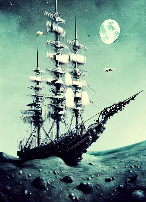 Prompt: photo of moonlanding with an old pirateship, scifi, aesthetic, fine art, intricate, elegant, highly detailed, centered, phograph, art station, conceptual art, soft, sharp focus,