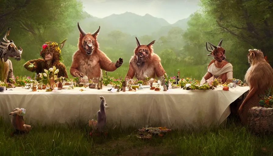 Image similar to a table dinner of exotic animals where animals are dressed like the characters from the midsommar movie wearing flowers, realistic detailed digital art by maxwell boas jessica rossier christian dimitrov anton fadeev trending on artstation cgsociety rendered in unreal engine 4 k hq