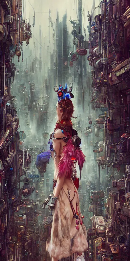 Image similar to hyper realistic Princess Mononoke with her mask, busy cyberpunk metropolis, city landscape, jewels, style of tom bagshaw, mucha, james gurney, norman rockwell, denoised, sharp