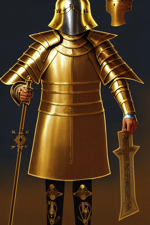 Image similar to man looking forward in decorated with gold baroque style christian crusader armor, cylindrical helmet covering all his face decorated with golden cross on front it's front end and white cape covering half of his body standing at the gates of jerusalem drawn by greg rutkowski realistic high detail