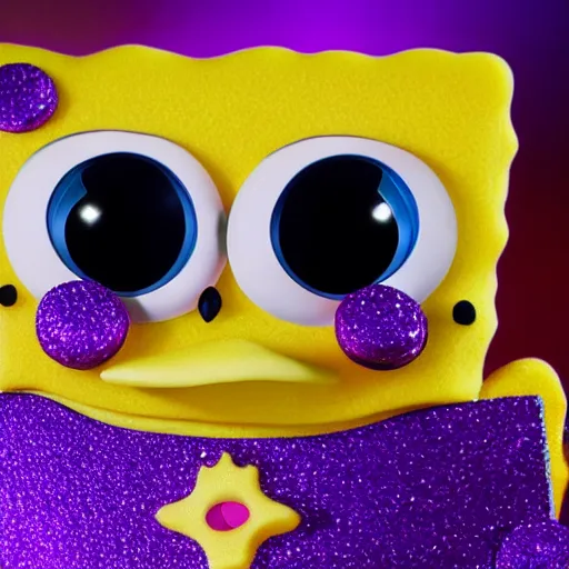 Prompt: Sponge Bob with silver-violet hair, white eyes and golden glittery dress, wide lens, diorama, 4k,