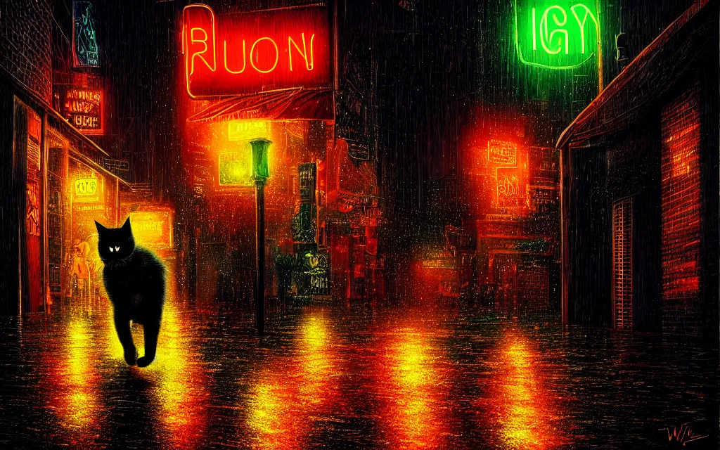 Image similar to black cat running through heavy rain in an emprty neon lit street at night by wlop, ultra detailed color art, high detail, digital art