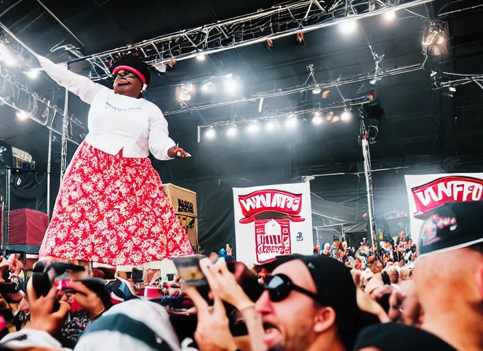 Prompt: photo still of aunt jemima in period attire at vans warped tour!!!!!!!! at age 4 0 years old 4 0 years of age!!!!!!! on stage tossing pancakes into the crowd, 8 k, 8 5 mm f 1. 8, studio lighting, rim light, right side key light