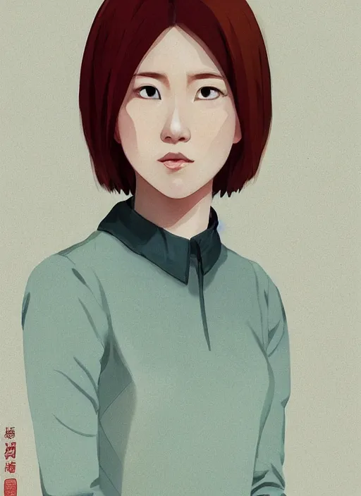 Prompt: a portrait of a 20 year old Asian woman with ginger hair and a witty expression wearing a traditional silk dress with very long sleeves by ilya kuvshinov and Cushart Krentz and Gilleard James