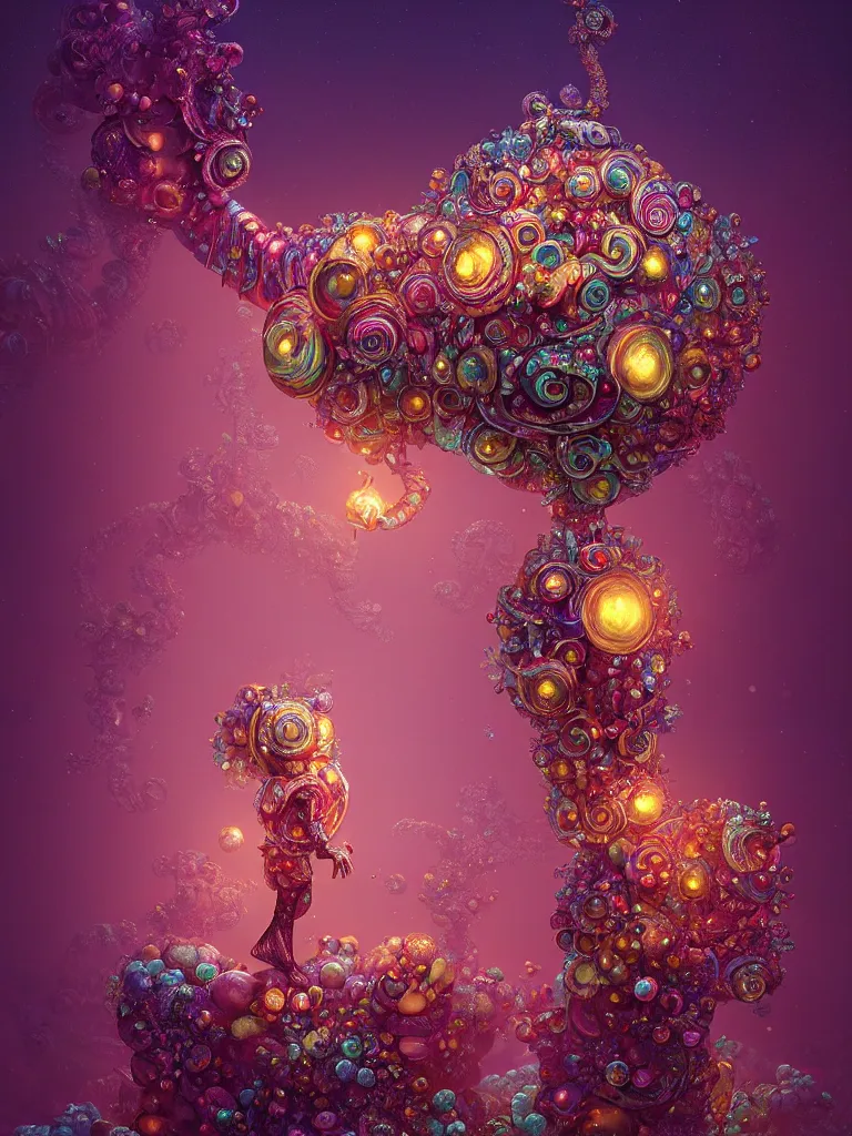 Image similar to macro, candy creature in candyland, water reflection, night, backlit, warm tones, bioluminescent : by michal karcz, daniel merriam, victo ngai and guillermo del toro : ornate, dynamic, particulate, intricate, elegant, highly detailed, centered, artstation, smooth, sharp focus, octane render