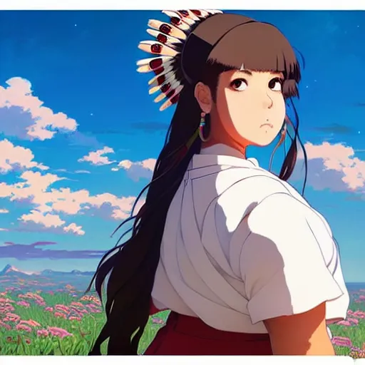 Image similar to a beautiful! plus sized native women instagram model, brown skin, wearing catholic school girl outfit with mayan pattern and native style, aztec street fashion, gapmoe yandere grimdark, trending on pixiv fanbox, painted by greg rutkowski makoto shinkai takashi takeuchi studio ghibli, akihiko yoshida