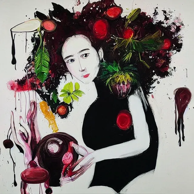 Image similar to “ a portrait in a female art student ’ s apartment, sensual, a pig theme, art supplies, paint tubes, ikebana, herbs, a candle dripping white wax, black walls, squashed berries, berry juice drips, acrylic and spray paint and oilstick on canvas, surrealism, neoexpressionism ”