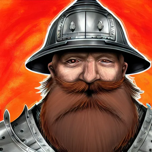 Image similar to An old man with a ginger beard, wearing knights armour and a fire fighters helmet, highly detailed, digital art, sharp focus, trending on art station, anime art style