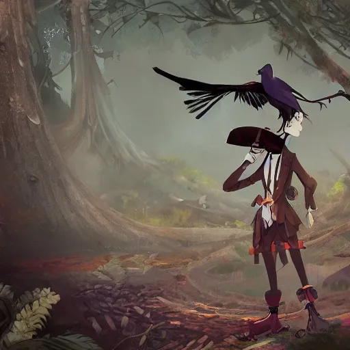 Image similar to concept art painting of an anthropomorphic crow person with steampunk clothes, in the deep forest, realistic, detailed, cel shaded, in the style of makoto shinkai and greg rutkowski and james gurney