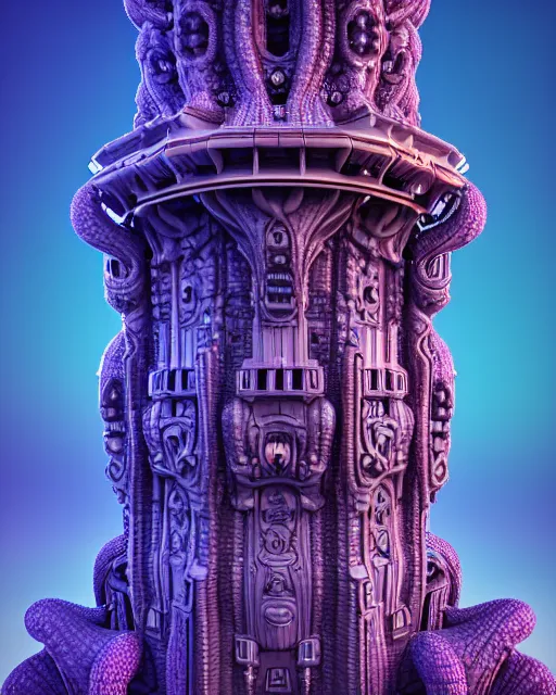 Prompt: detailed render giant alien greeble tower art nouveau rococo architecture carved out of complex mandelbulb with royal purple quartz rendered in cinema 4 d octane