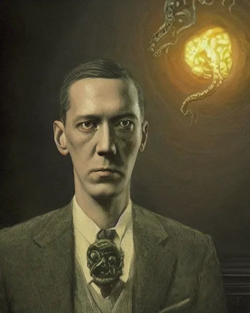 Image similar to portrait of a 1 9 2 0 s h p lovecraft with a miniature cthulhu perched on his shoulder, scholarly appearance, detailed face, 2 0 th century, highly detailed, cinematic lighting, digital art painting by greg rutkowski