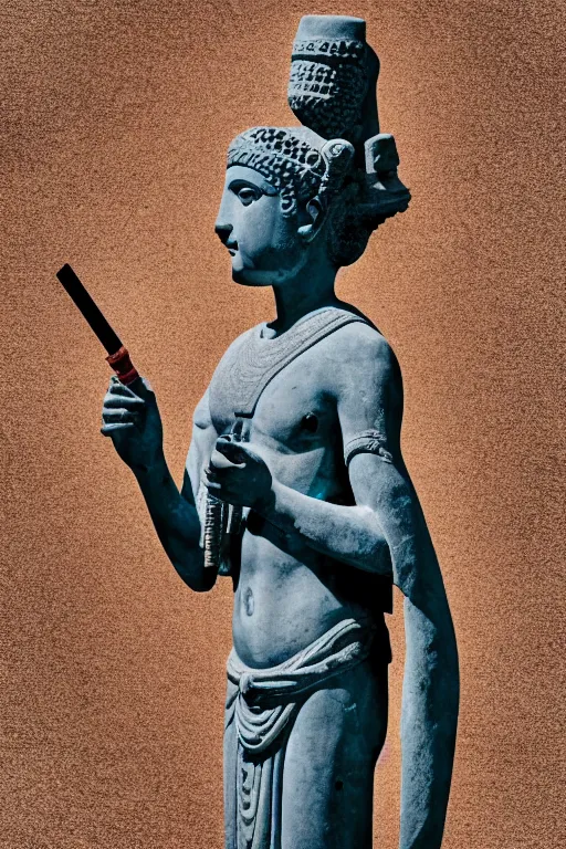 Prompt: photo of the ancient statue smoking an ancient hookah, symmetrical, cinematic, real dlsr photography, sharp focus, 4 k, ultra hd, sense of awe, archeology journal cover