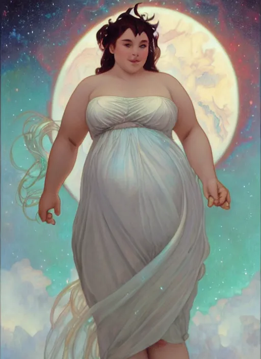 Image similar to a chubby woman with pointed ears, wearing a white sundress, and a swirling sparkling cloud galaxy nebula for hair, realistic painting by ross tran and gerald brom and alphonse mucha, artgerm, trending on artstation