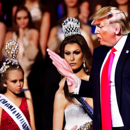 Image similar to Donald Trump losing a beauty pageant and looking sad, wiping away a tear