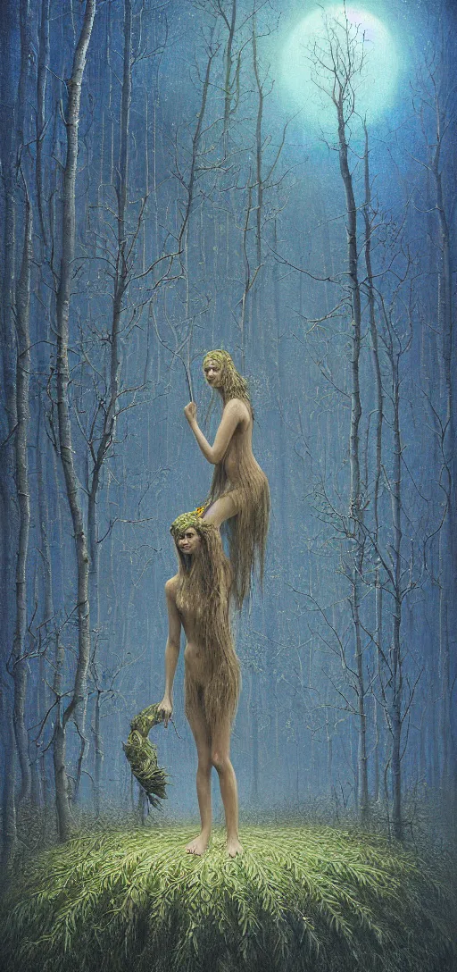 Prompt: painterly dreamy Kupala Night in the blue forest with trees which have eyes, giant flowers, glowing owls, deers, women, lianas, thistles, giant fantasy creatures, a stream and sky with moon and stars by Beksinski, Alex Grey, Aron Wiesenfeld and Giger dark fantasy, witcher, very detailed oil painting in the alla prima style, masterpiece, 8k