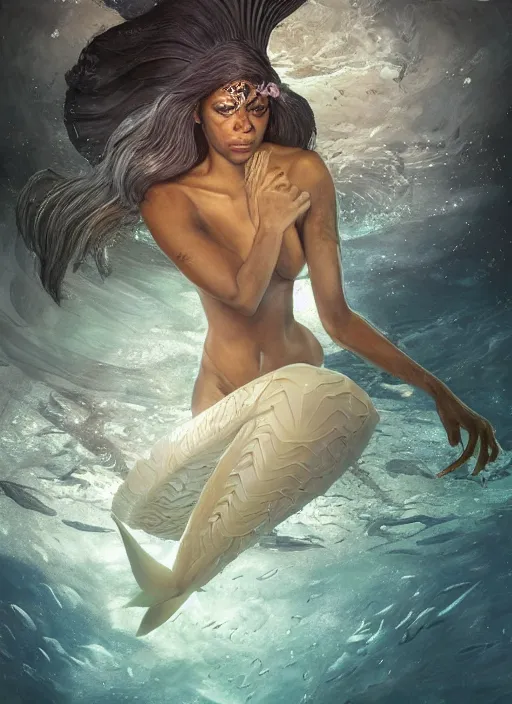 Image similar to dramatic upper body portrait of Zoe Saldana as a dark-skinned la sirene Haitian mermaid goddess by Ruan Jia and Mandy Jurgens and Artgerm and william-adolphe bouguerea, underwater, white sheer fabric, white lilies, shells, mirrors, marvel comics, intricate, highly detailed, smooth, artstation, digital illustration by julie bell and Ruan Jia and Mandy Jurgens and Artgerm and William Adolphe Bouguereau and John Collier and Greg Rutkowski and Frank Frazetta