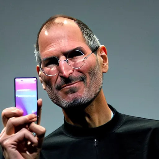Prompt: steve jobs holding up a samsung phone, xf iq 4, f / 1. 4, iso 2 0 0, 1 / 1 6 0 s, 8 k, raw, unedited, symmetrical balance, in - frame, sharpened