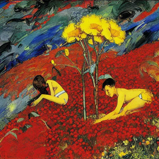 Image similar to 2 people in red desert drowning in a sea of yellow flowers, highly detailed, intricate, surreal, painting by Franz Marc, part by Yoji Shinkawa, part by Norman Rockwell