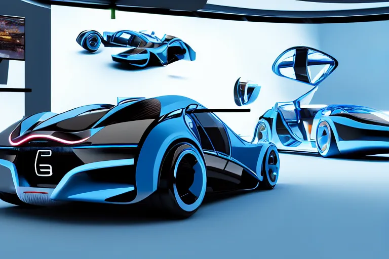 Image similar to cyberpunk bugatti concept inspired sports car, futuristic look, highly detailed body, very expensive, photorealistic camera shot, bright studio setting, studio lighting, crisp quality and light reflections, unreal engine 5 quality render