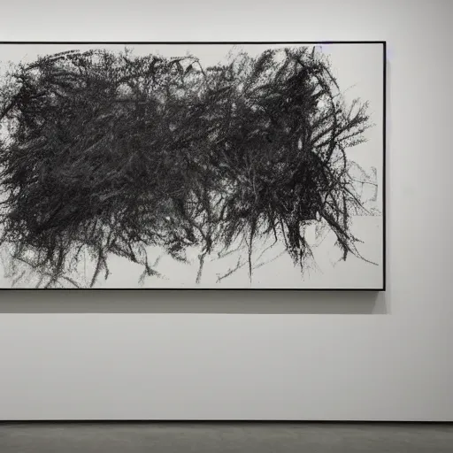 Image similar to large scale painting by cy twombly, guggenheim exhibition, white wall