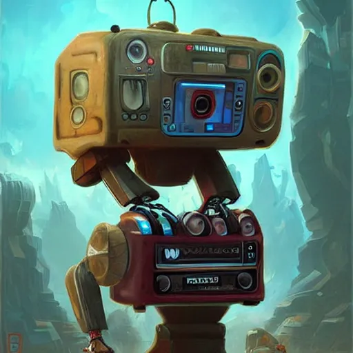 Prompt: robot [ thing ], holding a boombox, holding a bomb, tiny, small, short, cute and adorable, pretty, beautiful, dnd character art portrait, matte fantasy painting, deviantart artstation, by jason felix by steve argyle by tyler jacobson by peter mohrbacher, cinema