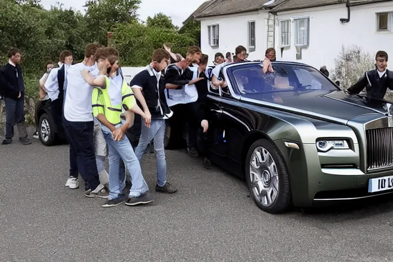 Image similar to Group of teenagers push Rolls-Royce into lake