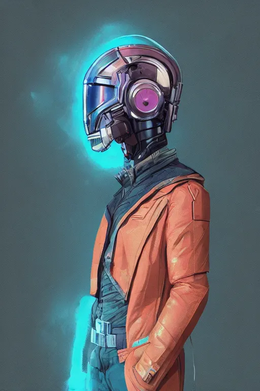 Prompt: full body star lord, blade runner 2 0 4 9, scorched earth, cassette futurism, modular synthesizer helmet, the grand budapest hotel, glow, digital art, artstation, pop art, by hsiao - ron cheng