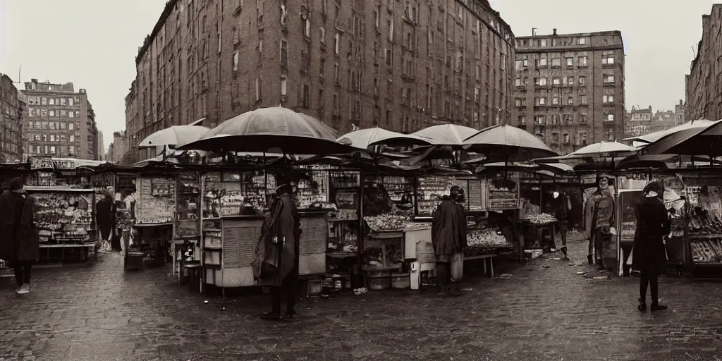 Prompt: medium shot of market stall with umbrellas : sadie sink in hoodie. in ruined square, pedestrians on both sides. steampunk tenements in background : 3 5 mm film, anamorphic, from schindler's list by steven spielberg. cyberpunk, cinematic atmosphere, detailed and intricate, perfect anatomy