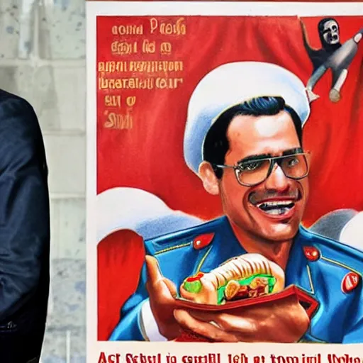 Prompt: pedro sanchez wearing a toreador suit, in a propaganda poster, selling hot dogs