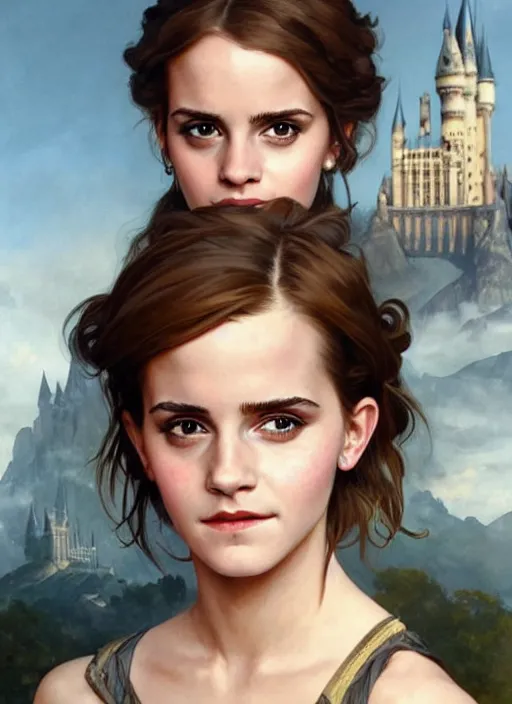 Image similar to oil painting of emma watson giving seductive look. hogwarts in background beautiful detailed face. by artgerm and greg rutkowski and alphonse mucha