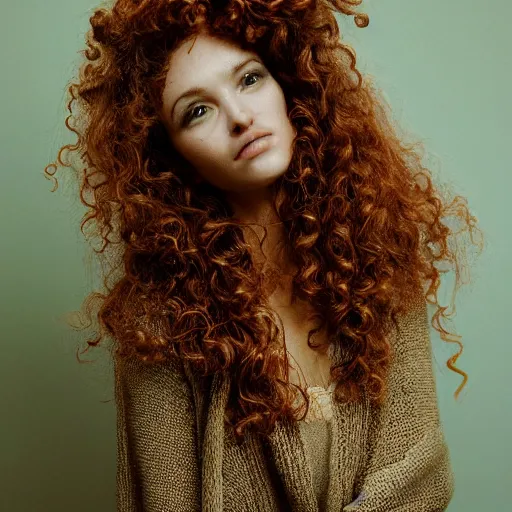 Prompt: a photo of a beautiful woman with curly hair, dreamy, nostalgic, fashion editorial, studio photography, magazine photography, earth tones