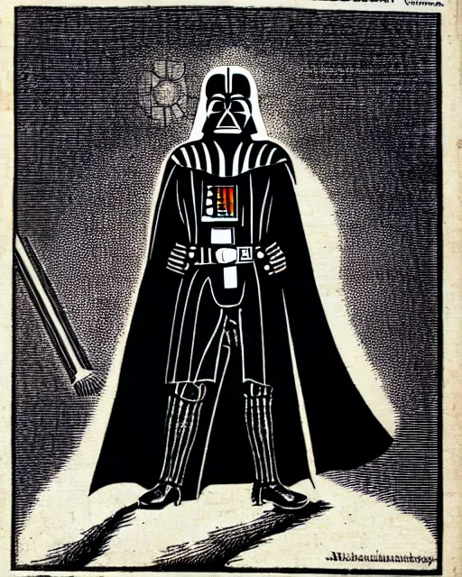 Prompt: b & w woodcut illustration of darth vader from the nuremberg chronicle, 1 4 9 3, restored, hq scan