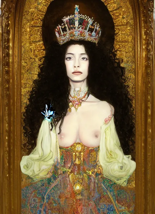 Prompt: oil painting of portait Queen of Ecstasy in a large throne room, Hungarian, curly black hair, by Yoshitaka Amano