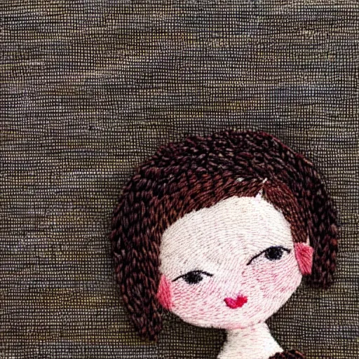 Image similar to a tiny beautiful handmade embroidery of a little girl with brown curly hair. hand embroidery.