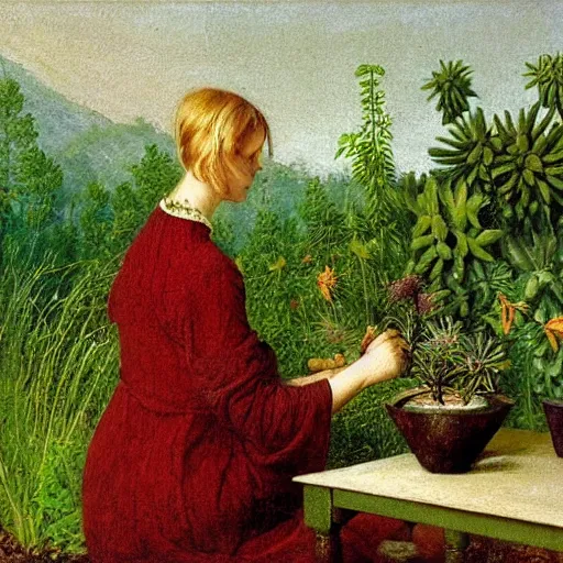 Image similar to painting by Caspar David Friedrich of a beautiful blonde woman with shoulder length hair in a forest green dress putting colorful succulents into rainbow pots at a square table