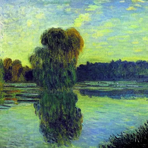 Image similar to a lake and trees, by Isaac Levitan, monet, scenic, dusk, detailed, reflections, atmospheric, blue water, dramatic lighting, impasto