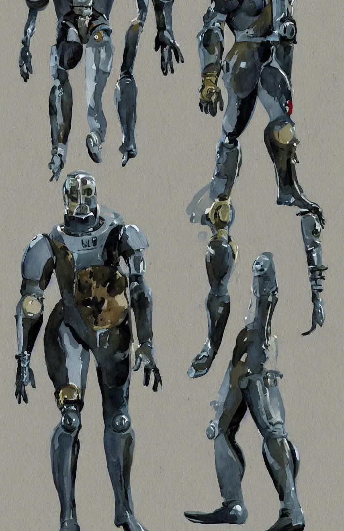 Image similar to male, full body, modern space suit, very stylized character design, large shoulders, short torso, long thin legs, tiny feet, character sheet, science fiction, hyperdetailed, technical suit, space marine, watercolor digital painting, by mike mignola, by alex maleev, jean giraud, painted by leyendecker