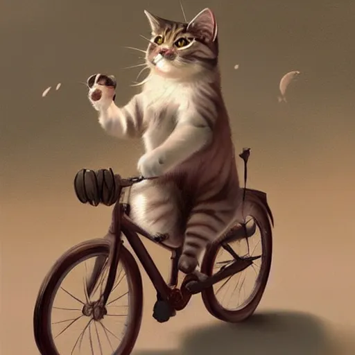 Image similar to head and shoulders masterpiece portrait of cute cat riding a bicycle, surreal background, digital art by Krenz Cushart, trending on artstation