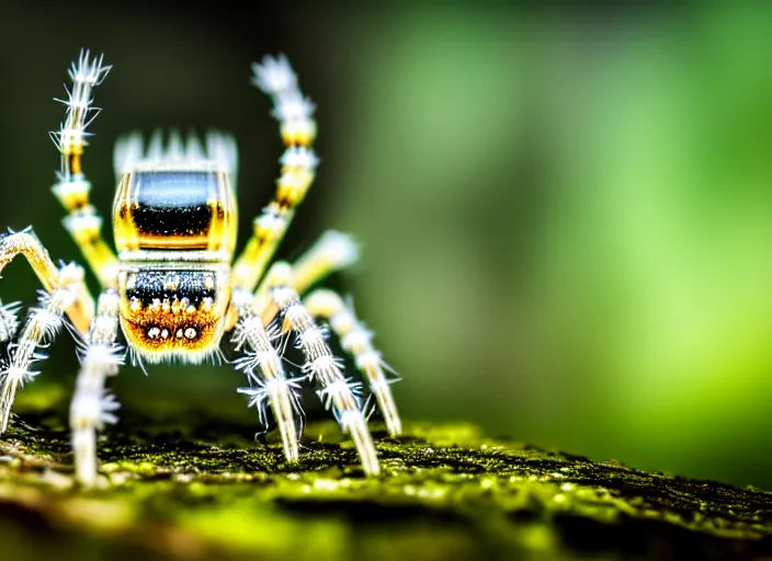 Image similar to macro portrait of a crystal spider in the forest. Fantasy magic style. Highly detailed 8k. Intricate. Nikon d850 300mm. Award winning photography.