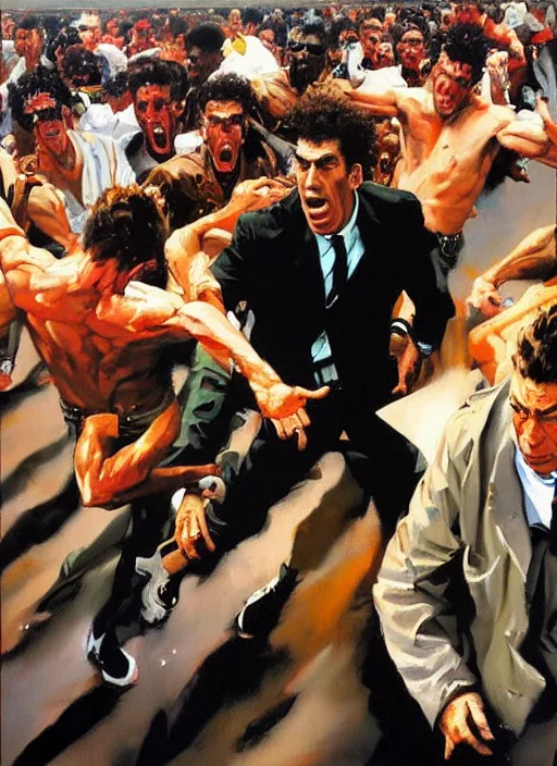 Image similar to 'kramer!! michael richards running from crowd of black people, painting by phil hale, 'action lines'!!!, graphic style, visible brushstrokes, motion blur, blurry