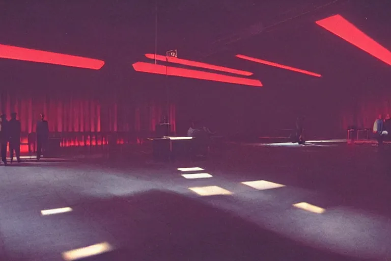 Image similar to a dark conference hall, half - occupied with people, atmospheric and obscure, red neon light, by roger deakins, cinematography, syd mead, dave mckean