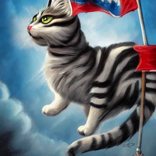 Image similar to a hyper real comic book style portrait painting in which a small piebald cat holding a flag is riding a large fluffy gray striped cat into battle and on noble quests where backgrounds are wild and interesting with fascinating skies and epic terrain