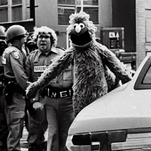 Prompt: a photo of big bird from Sesame Street being arrested at a riot