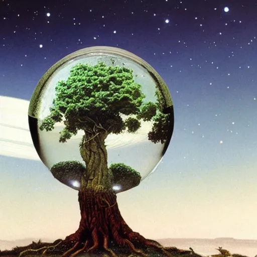 Prompt: a large tree rooted in a large crystal that is floating in space, by moebius